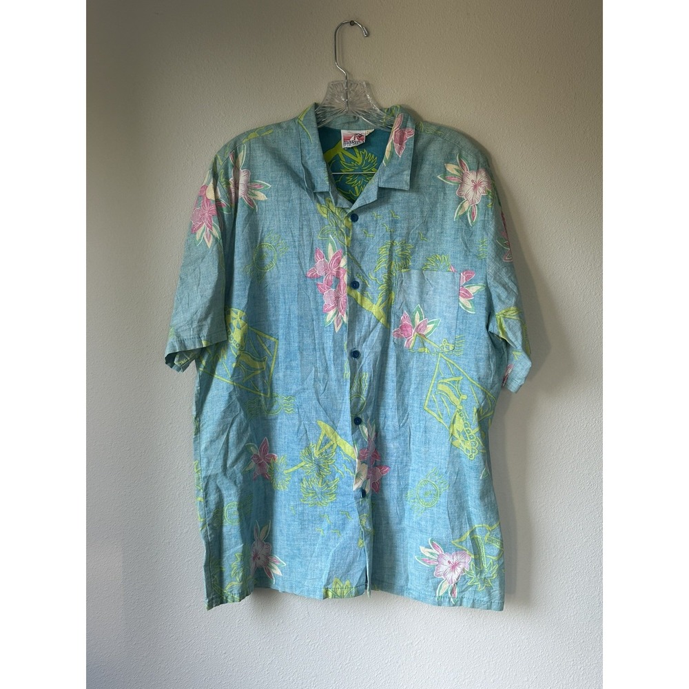 Vtg 80's Marina‎ California Blue Pink Floral 100% Cotton Hawaiian SURFER Shirt